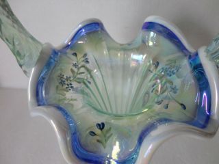 Fenton 10.  5  Green Basket w/Blue & White Crest /HP Blue Flowers Gorgeous 5