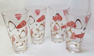 4 Vintage Mcm Federal Glass Pink & Gold Atomic Amoeba Boomerang Glasses Tumblers
