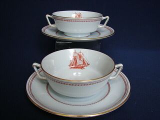 Set Of 2 Spode Red Trade Winds Cream Soup Bowls & Saucers Clipper Ships
