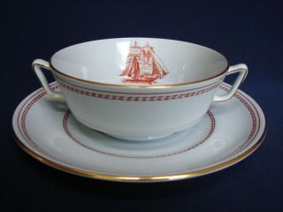 Set of 2 Spode RED TRADE WINDS Cream Soup Bowls & Saucers Clipper Ships 2