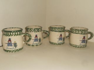 Set Of 4 Henn Green Spongeware Snowman Coffee Cups/mugs