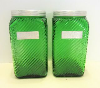 2 Vintage 7 " Green Glass Hoosier Canisters,  Sugar & Coffee,  Owens Illinois