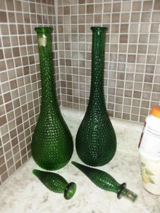 Pair Vtg Mid Century Empoli Glass Decanter Diamond Cut Green Genie Bottle Italy