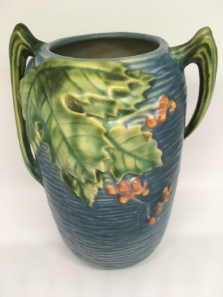 Roseville Pottery Blue Bushberry Twisted Handle Vase 31 - 7 Vase 8”