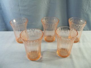Set Of 5 Jeannette Cherry Blossom Pink Depression Glass Tumblers 4 1/4 " Tall