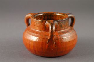 Chrome Red 3 - Handled Low Vase North State Pottery Carolina Nc Southern Folk Art