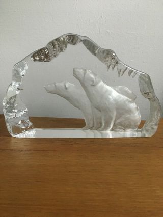 Mats Jonasson - 2 Polar Bears Fighting Art Crystal Sculpture Figurine Swedish