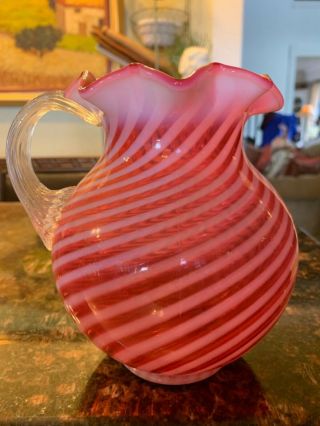 Antique Fenton Cranberry Opalescent Spiral Art Glass Pitcher Applied Vintage