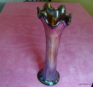 Carnival Glass (diamond Rib Green) 11 " Vase Exc