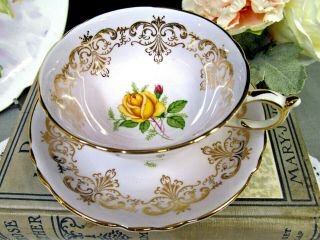 Paragon tea cup and saucer lavender teacup and yellow rose centers gold gilt 4
