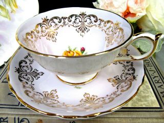 Paragon tea cup and saucer lavender teacup and yellow rose centers gold gilt 5