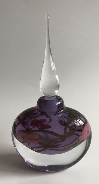 Vandermark Glass Studio Iridescent Perfume Bottle With Flowers 7 1/2 " Tall