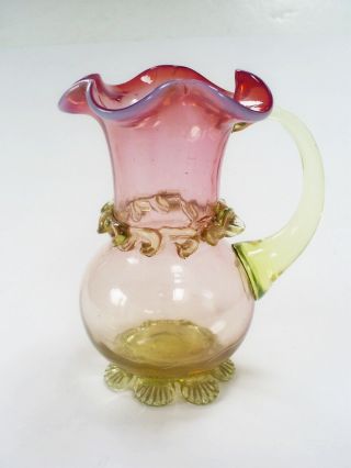 Lovely Antique Victorian Uranium Cranberry Opaline Fine Glass Frilled 4.  5 " Jug