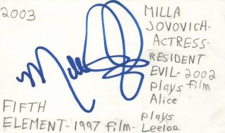 Milla Jovovich Actress Resident Evil Movie Autographed Signed Index Card Jsa
