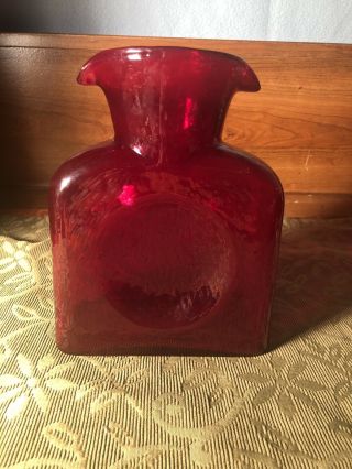Blenko Vibrant Ruby Red Double Pinched Spout Water Bottle Pitcher Carafe