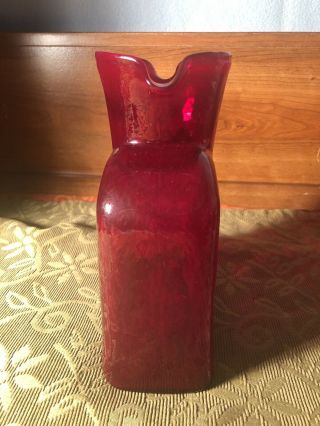 Blenko Vibrant Ruby Red Double Pinched Spout Water Bottle Pitcher Carafe 3