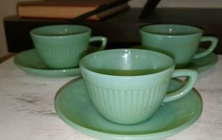 Vtg Fire King Jadeite Jane Ray Set Of 3 Cups & Saucers Demitasse Coffee Tea