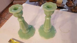 Jadeite Green Glass Scalloped Candlesticks Fenton ? 8 " Tall X 4 " Base