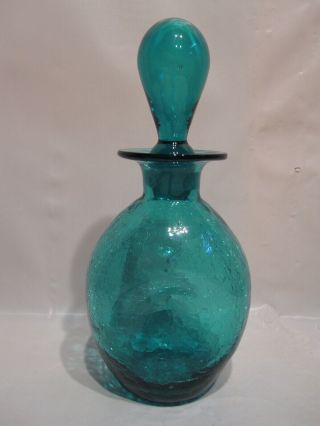 Vintage Blenko Crackle Glass Pinched Decantor With Stopper Aqua Blue