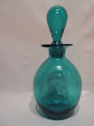 Vintage Blenko Crackle Glass Pinched Decantor with Stopper Aqua Blue 3