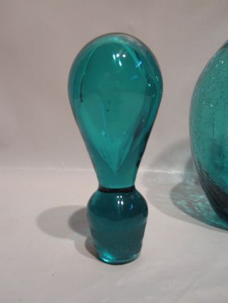Vintage Blenko Crackle Glass Pinched Decantor with Stopper Aqua Blue 4