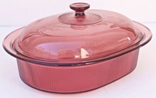 Corning Pyrex Vision Ware Cranberry 4 Quart Roaster Pot Dutch Oven Oval Glass Us