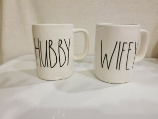 Rae Dunn First Edition M Stamp Set Of 2 Mugs Hubby & Wifey Ships
