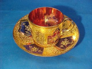 19thc Victorian Era Cranberry Glass Demitasse Cup W Gold Gilded Enamel Design