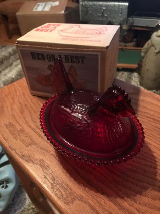 Vintage Indiana Glass Hen On Nest Red.