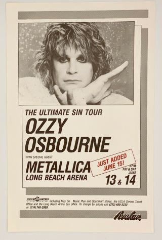 Ozzy Osborne & Metallica Concert Flyer.  1986 Long Beach,  Calif.