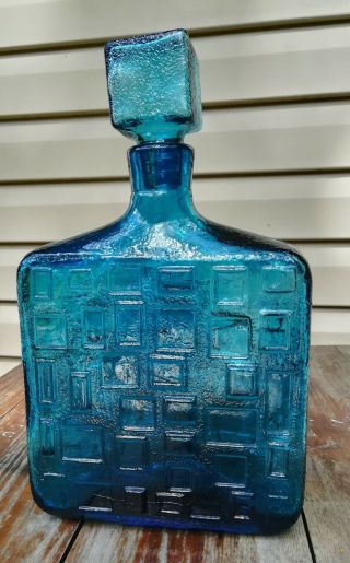 Vintage Mid Century Modern Empoli Art Glass Blue Decanter Bottle Brutalist 12 "