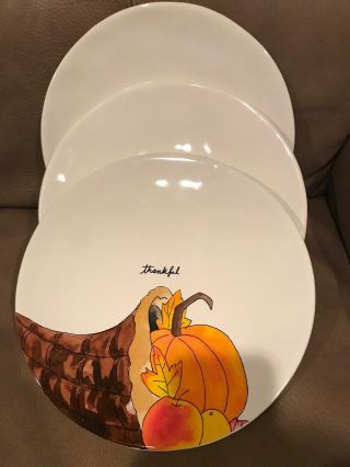 Rae Dunn 3 Happy Thanksgiving Thankful Pumpkin Cornucopia Dinner Plates Dishes