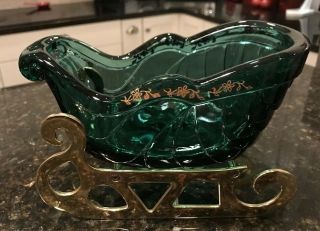 Vintage Fenton Spruce Green Glass Sleigh With Gold Floral Accents & Brass Runner