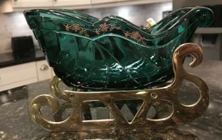 Vintage Fenton Spruce Green Glass Sleigh with Gold Floral Accents & Brass Runner 2