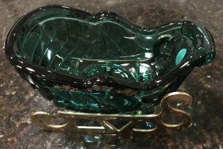 Vintage Fenton Spruce Green Glass Sleigh with Gold Floral Accents & Brass Runner 3