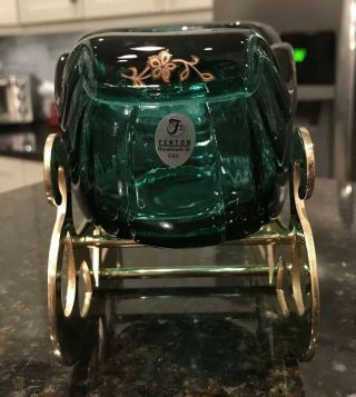 Vintage Fenton Spruce Green Glass Sleigh with Gold Floral Accents & Brass Runner 4