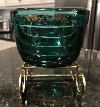 Vintage Fenton Spruce Green Glass Sleigh with Gold Floral Accents & Brass Runner 5
