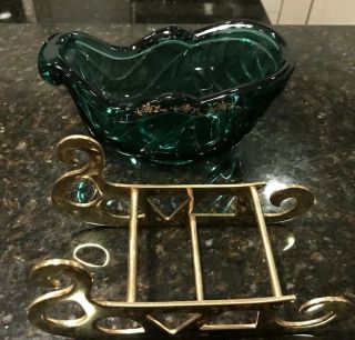 Vintage Fenton Spruce Green Glass Sleigh with Gold Floral Accents & Brass Runner 8