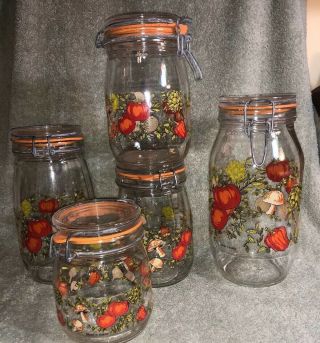 5 Vintage Arc Corning Vegetable Spice Of Life Glass Canister Jars France
