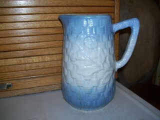 Old 9 " Tall Blue And White Stoneware Pitcher With Flower Branch & Flower - Pretty