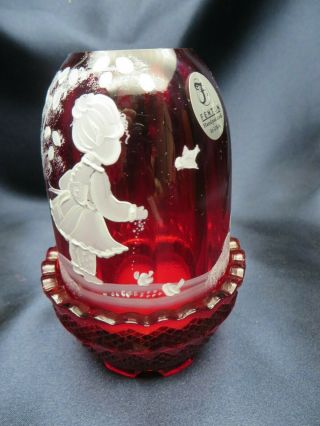 Fenton Cranberry Glass Mary " Gregory Feeding The Birds " Hand Painted Fairy Lamp