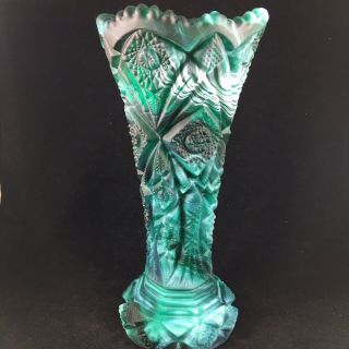 Blue Green Slag Art Glass Vase Sawtooth Bournique Marble Swirl Teal Table Decor