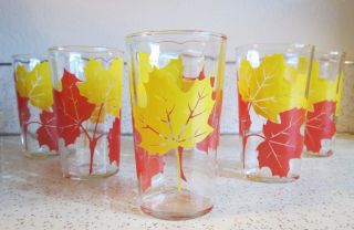 Set Of Six Vintage Small Glasses With Red And Yellow Fall Leaves,  Thankgiving