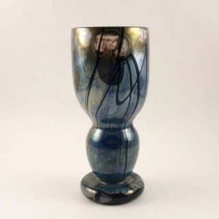 Blue Iridescent Art Glass Goblet Vase Signed 1994