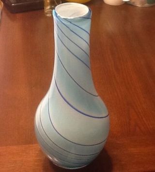 Vintage Art Glass Bud Vase Cobalt Blue Stripes Artisan Vase