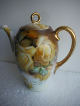 Antique Porcelain Signed Tea Chocolate Pot - Thomas Sevres Bavaria - Yellow Rose