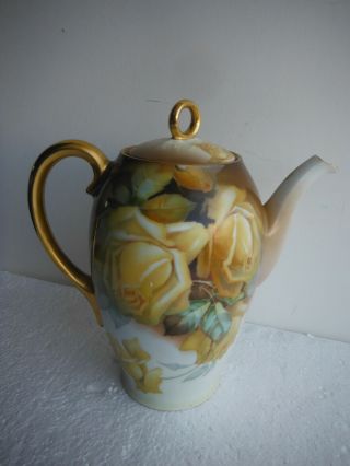 Antique Porcelain SIGNED TEA CHOCOLATE POT - Thomas Sevres Bavaria - Yellow Rose 2
