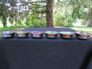 Northwood Peacock At The Ftn Antique Carnival Glass 6 Pc.  Berry Set Purple