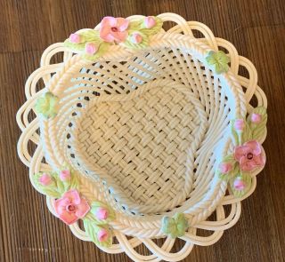 Belleek Irish Porcelain 4 Strand Shamrock Shaped Basket With Flowers & Shamrocks