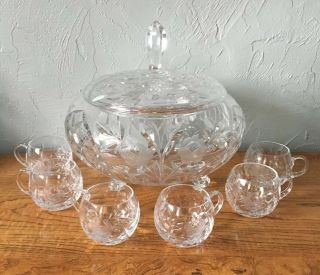 Vintage Cut Glass Punch Bowl Lidded Footed W/6 Cups